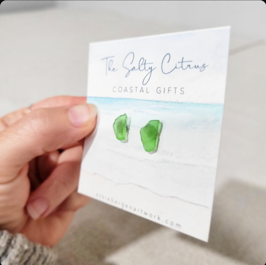 Green Seaglass Stud Earrings - Seashell Collection